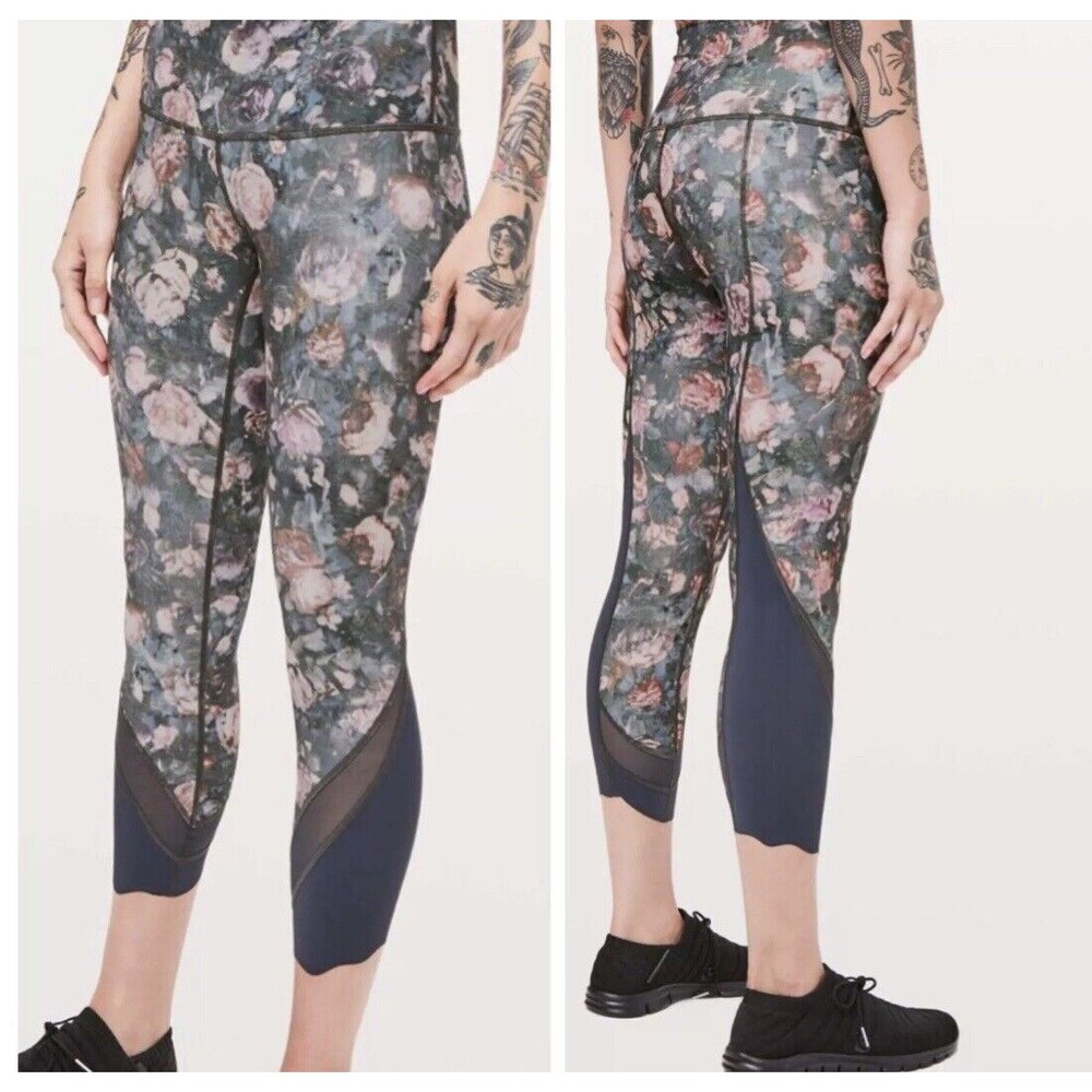 LULULEMON Women WUNDER UNDER Crop II Scallop Frost Rose Multi/Melanite Sz 6